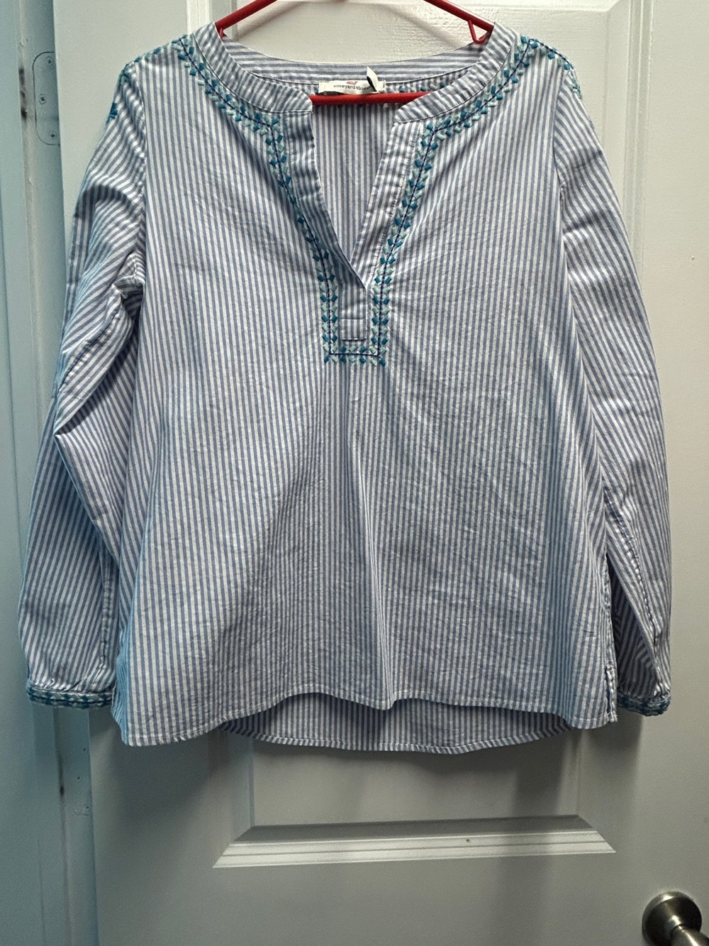 Vineyard Vines Blue Stripe Embroidered Peasant Top